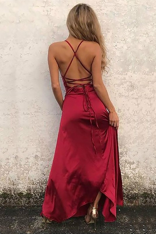 Straps Burgundy High Split Satin Prom Dresses
