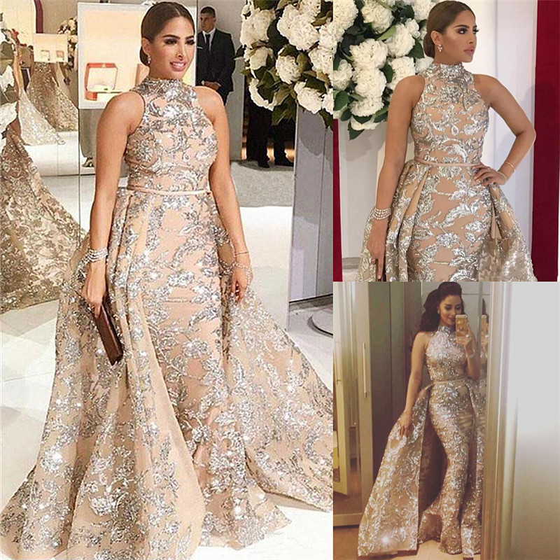 Silver Beading Lace Appliques Sexy Sleeveless Prom Dresses | Overskirt Champagne Evening Gown