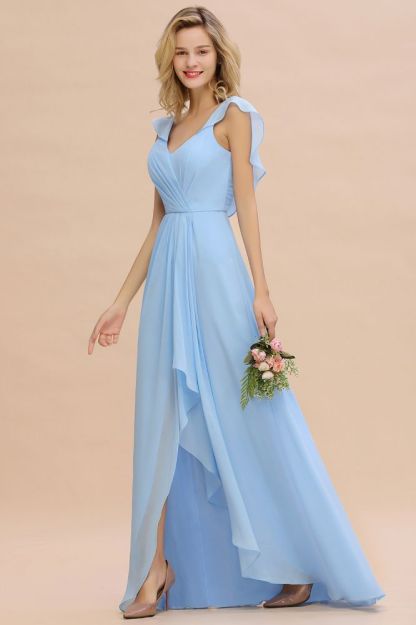 Candance | Simple Hi-Lo V-Neck Ruffles Long Bridesmaid Dress Online