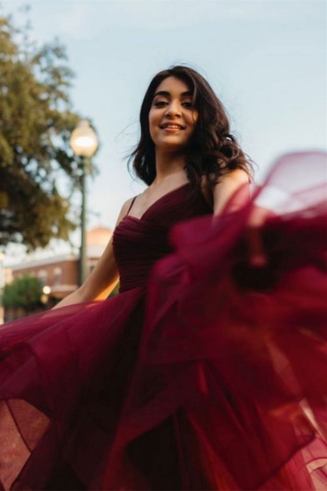 Ruffles High Low Burgundy Ball Gown Prom Dresses