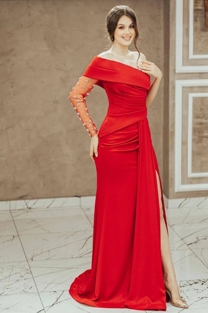 One shoulder Red A-line Long Evening Dresses