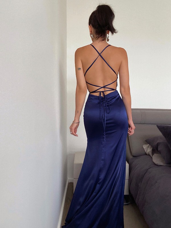 Navy Blue Mermaid High Split Long Prom Dresses
