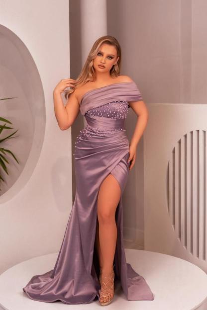 Lilac One Shouler Floor Length Beading Zipper Satin Prom Dress with Ruffles