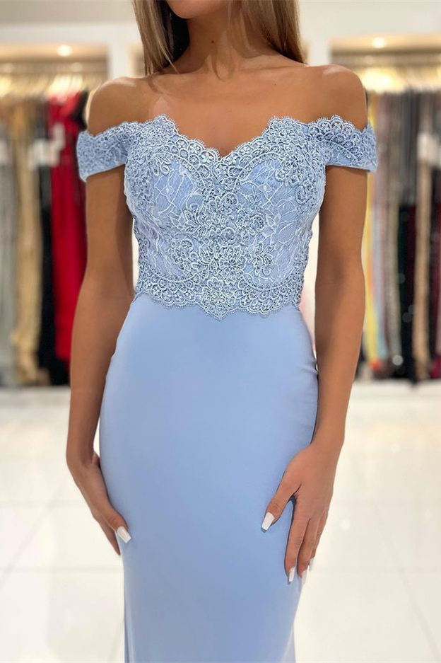Off the shoulder Blue Mermaid satin Lace Prom Dresses