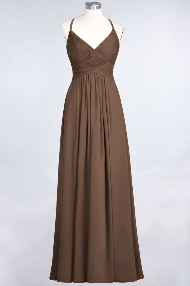 Chiffon A-Line Spaghetti-Straps V-Neck Sleeveless Long Bridesmaid Dress with Ruffles