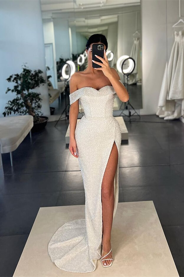 Off the shoulder White High Split Long Prom Dresses