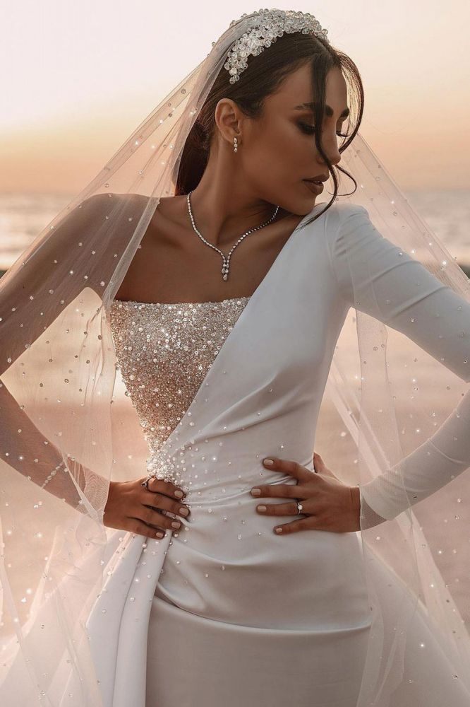Sexy One Shoulder Ruffle Satin Sparkly Seqiuns Mermaid Bridal Dress with Sweep Court Train