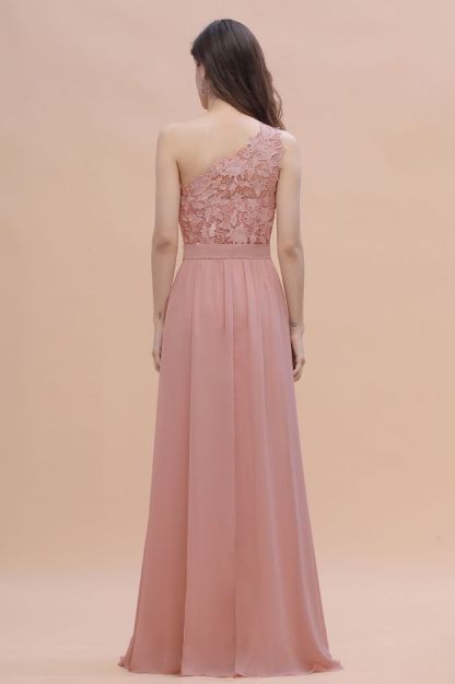 One Shoulder Dusty Pink Floral Pattern Aline Bridesmaid Dress