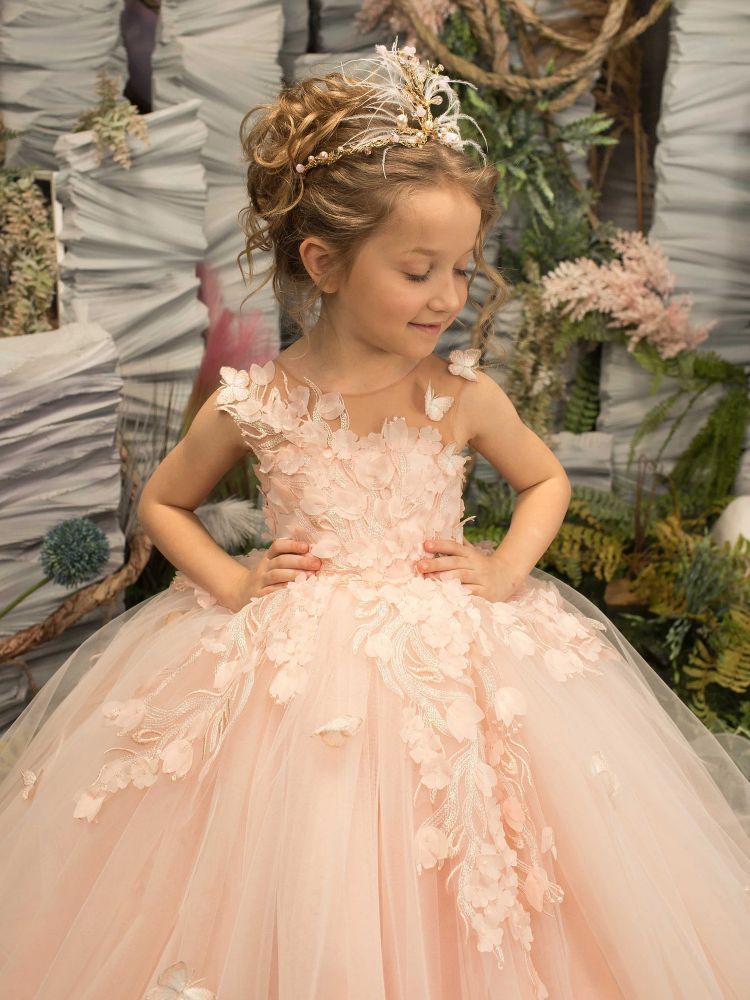 Cute Birthday Party Dress Sleeveless Tulle Floral First Communion Dress for Girl with Train