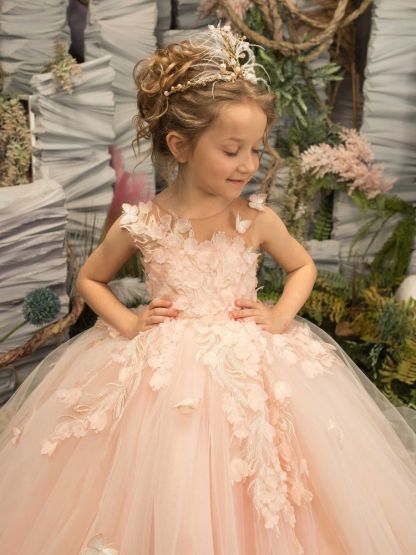 Cute Birthday Party Dress Sleeveless Tulle Floral First Communion Dress for Girl with Train