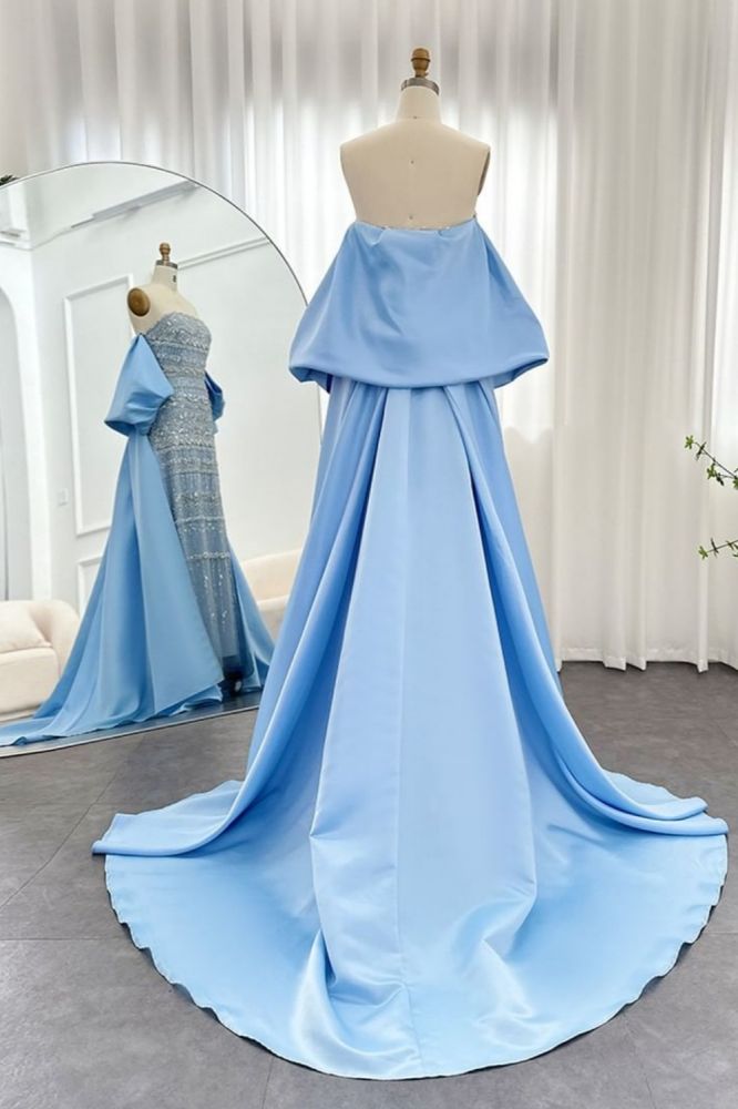 Gorgeous Strapless Glitter Beading Satin Mermaid Evening Gown with Ruffle Chapel Train