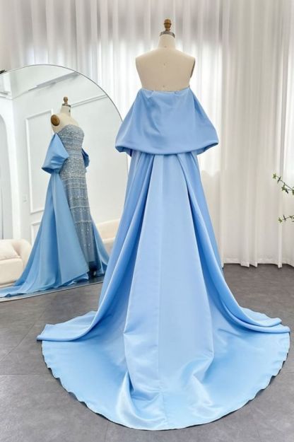 Gorgeous Strapless Glitter Beading Satin Mermaid Evening Gown with Ruffle Chapel Train