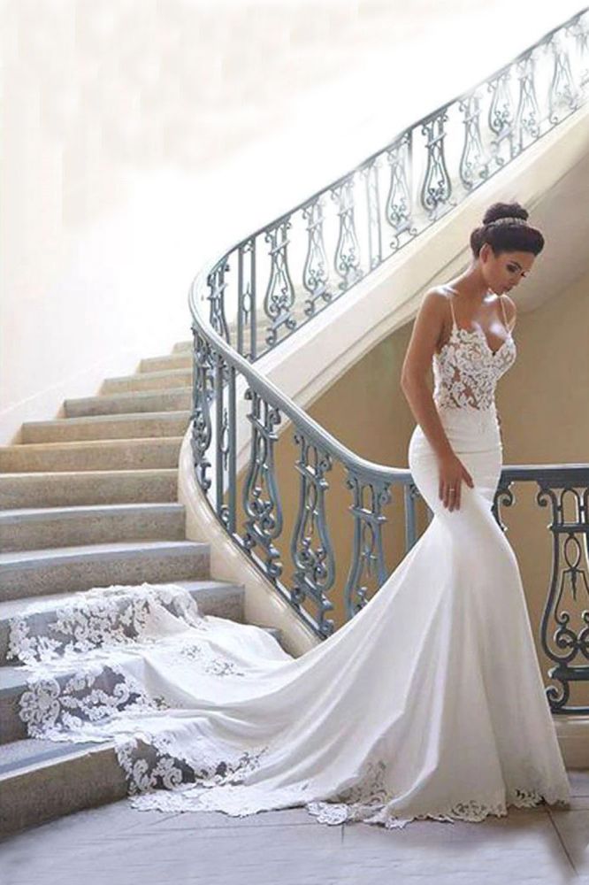 Spaghetti Strap Lace Wedding Dress Online with Chapel Train | White Bridal Gowns under $200
