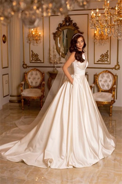 Charming A-Line Sleeveless V-neck Satin Wedding Dress with Train