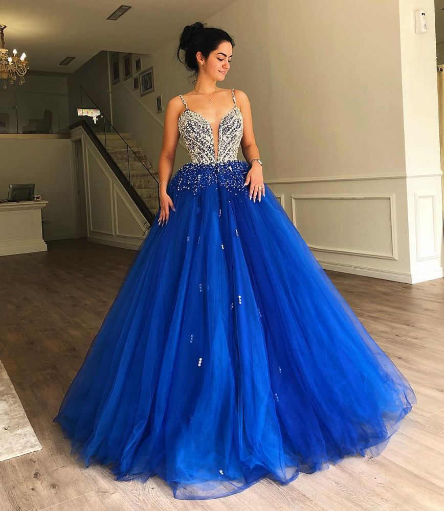 Gorgeous A-Line Spaghetti Straps Sleeveless Tulle Beaded Evening Dresses