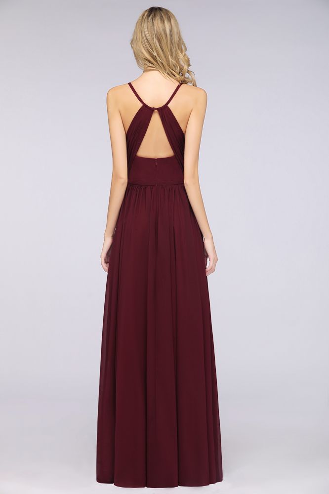 Chiffon A-Line Spaghetti-Straps V-Neck Sleeveless Long Bridesmaid Dress with Ruffles