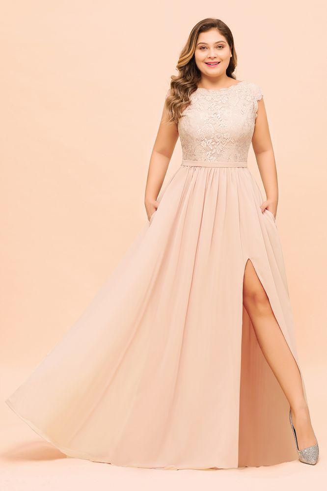 Plus Size Bridesmaid Dress with Side Slit Sleeveless Jewel Neck Chiffon Wedding Guest Dress