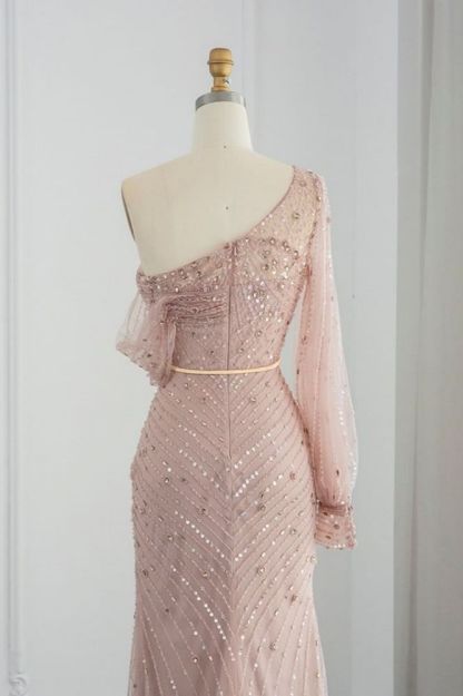 Stunning One Shoulder Mermaid Evening Dress Beadings Dubai Front Slit Formal Dress