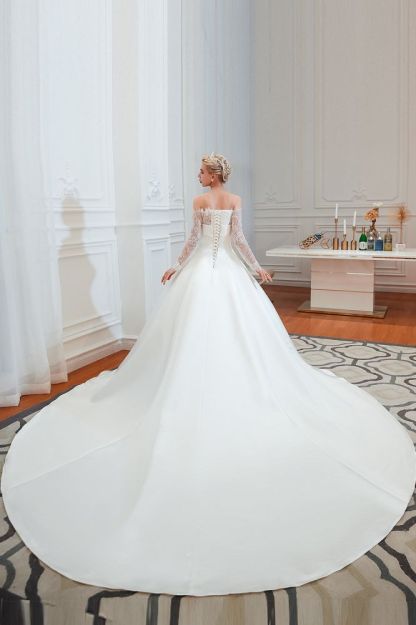 Romantic Lace Long Sleeves Princess Satin Wedding Dress | Princess Bridal Gowns with Cathedral Train