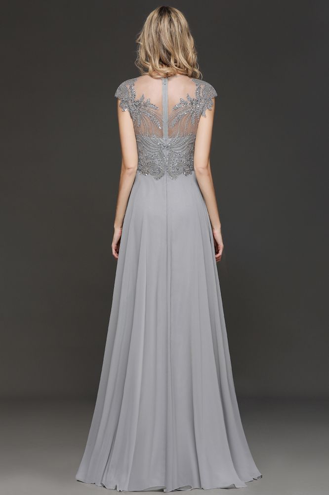 Crystal Appliques Sweetheart Side Slit Prom Dresses | Backless Capsleeves Evening Dresses
