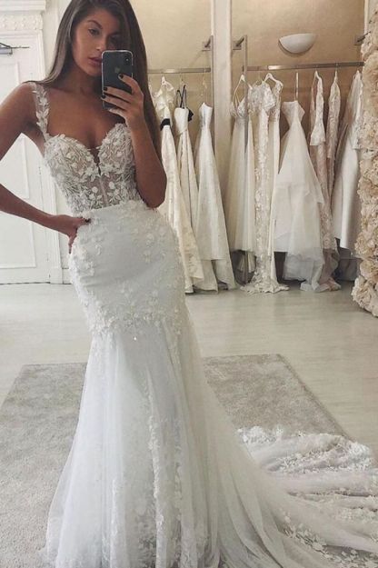 Lace Garden Mermaid Wedding Dress Floral Pattern Slim Sweetheart Bridal Gown