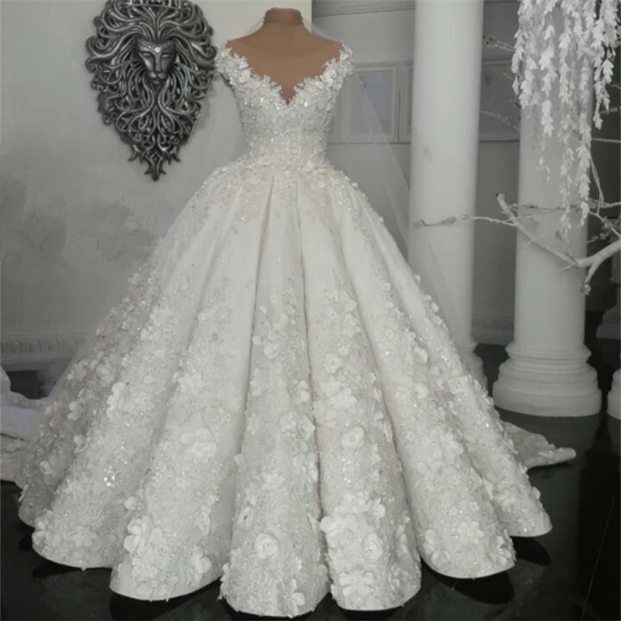 2021 Luxury Sleeveless Crystal Wedding Dresses | Sheer Tulle Flowers Bridal Gowns with Beading BC0708-Babyonlinewholesale