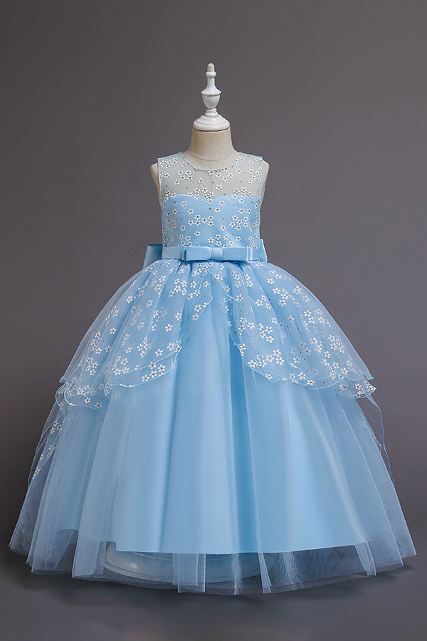 Illusion neck burgundy a-line ankle length flower girl dress