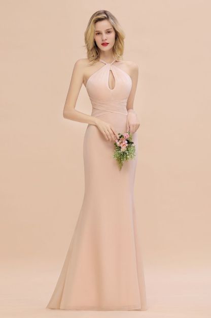 Halter Chiffon Mermaid Bridesmaid Dress Sleeveless Wedding Party Dress