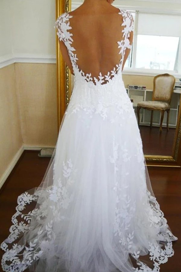 Cap sleeves LAce White Tulle A-line Wedding Dresses