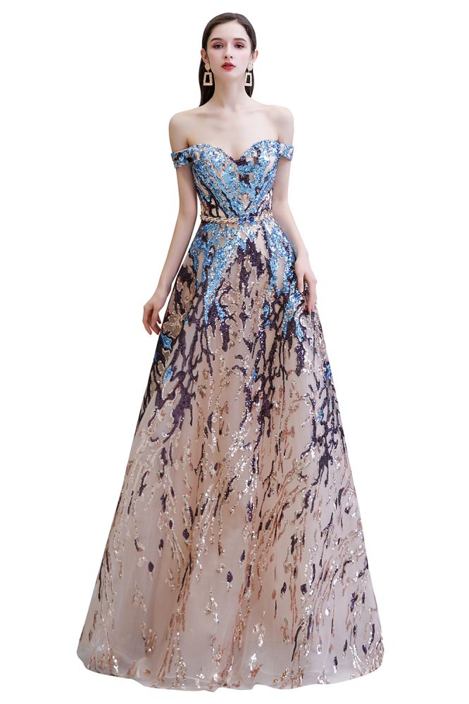Sparkle Off the shoulder Rainbow sequin A-line Long Prom Dress