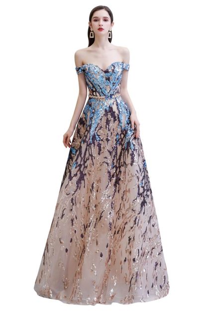 Sparkle Off the shoulder Rainbow sequin A-line Long Prom Dress