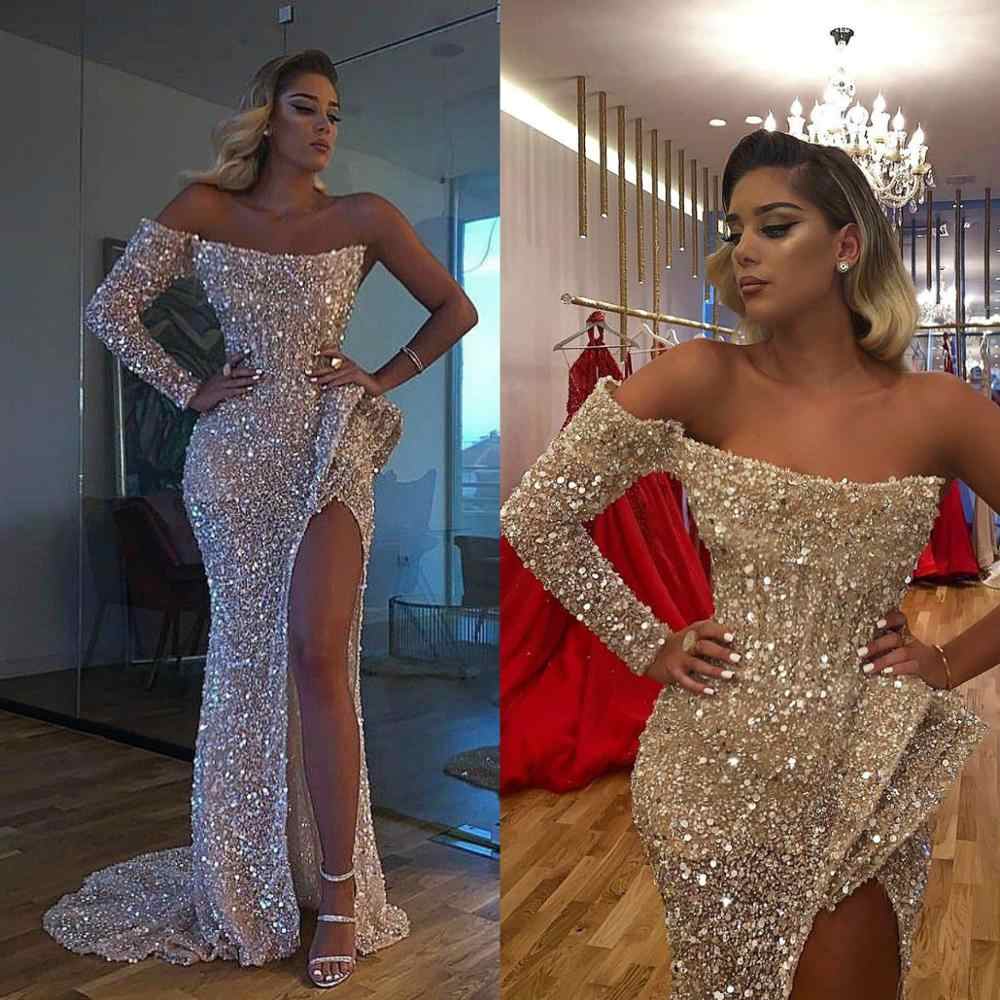 Sexy Crystal Beading One-shoulder Strapless Slit Mermaid Sequins Prom Gowns