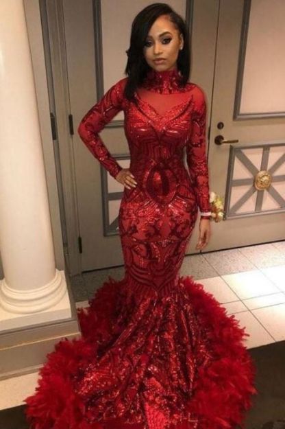 Red Mermaid Sequins Long Sleeves High Neck Prom Dresses