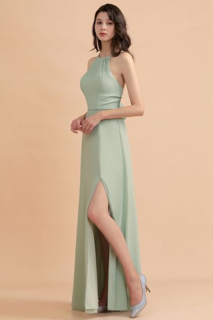 Halter Mint Green Aline Wedding Guest Dress Sleeveles Long Banquet Dress with Side Slit