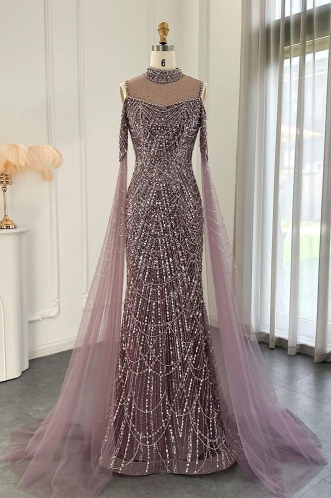 Luxury Shiny Beading Halter Dubai Mermaid Evening Gown Cape Sleeves Floor Length Party Dress