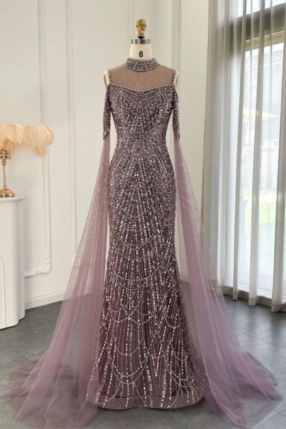 Luxury Shiny Beading Halter Dubai Mermaid Evening Gown Cape Sleeves Floor Length Party Dress