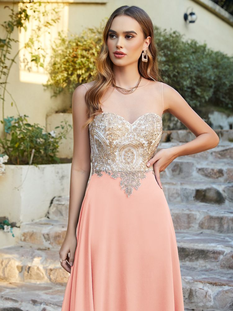 Sleeveless Lace Appliques Long Prom Dresses Chiffon Evening Party Gown