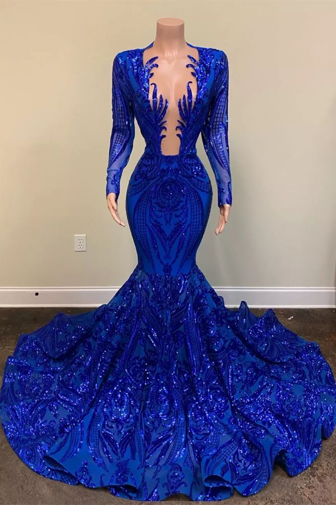 Royal blue long sleeves sequin floor length sparkle prom dress