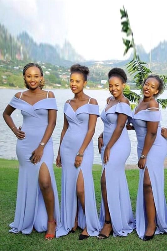 Lavender Off-the-shoulder Column Chiffion Long Bridesmaid Dress