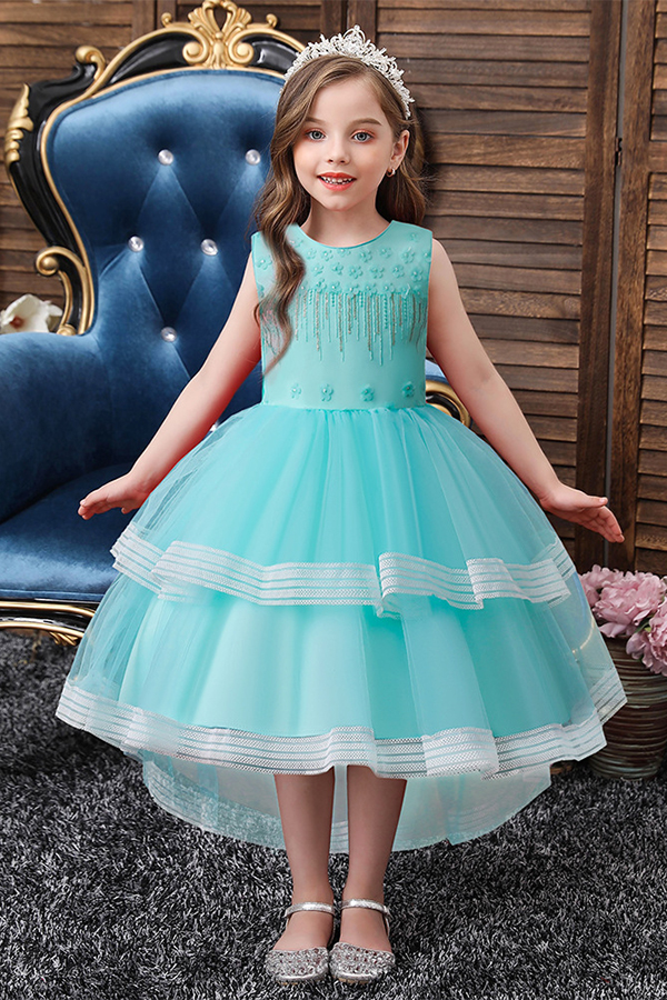 Round neck blue sleeveless ruffles a-line flower girl dress