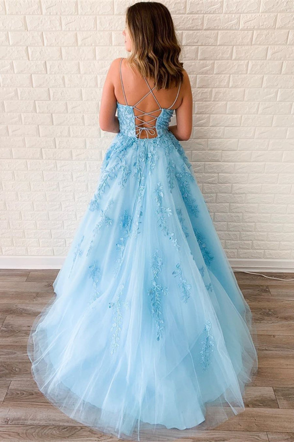 Strapless Blue A-line Lace Princess Prom Dresses