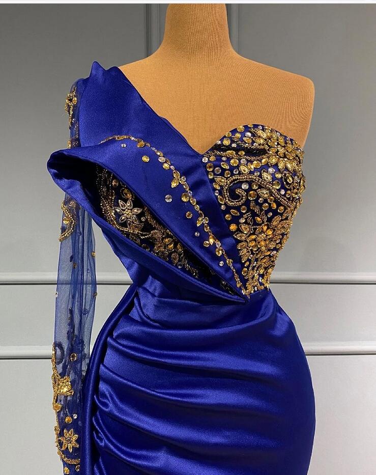 Royal Blue One Shoulder Long Sleeve Mermaid Prom Dresses