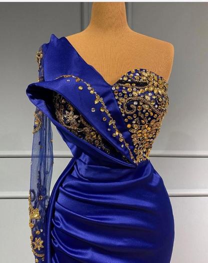 Royal Blue One Shoulder Long Sleeve Mermaid Prom Dresses