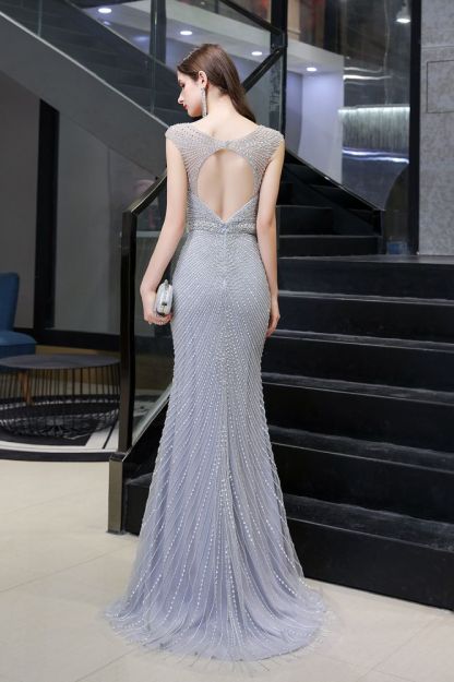 Sexy Mermaid V-neck Silver Mermaid Prom Dress