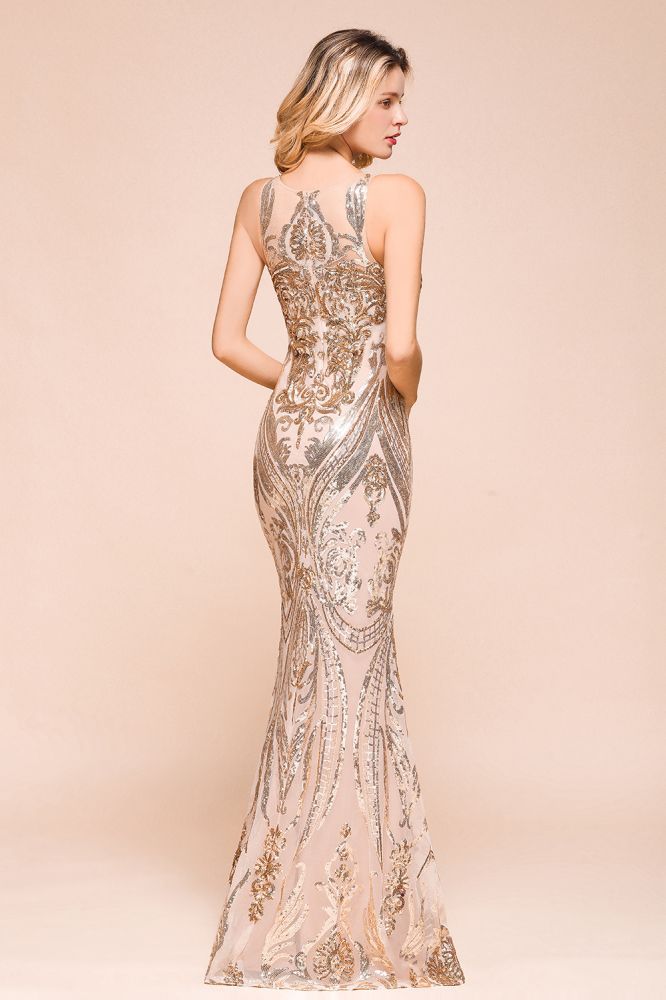Sparkle Sequined High neck Sleevelss Rose Gold Mermaid Long Evening Dresses