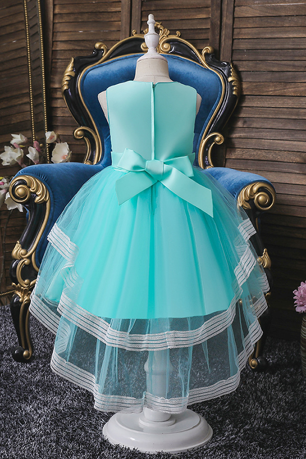 Round neck blue sleeveless ruffles a-line flower girl dress