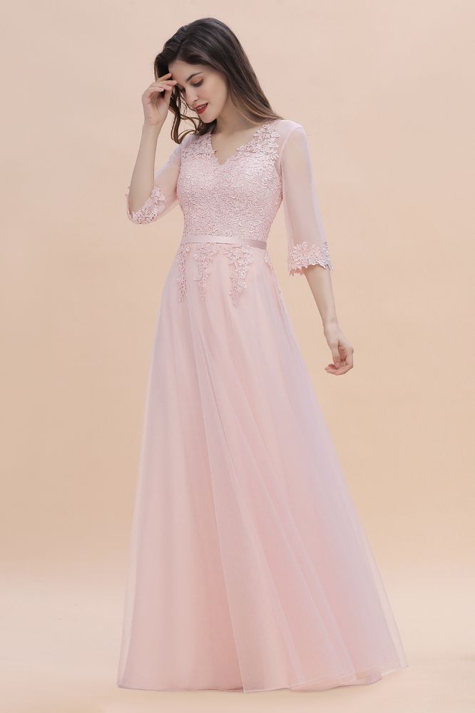 Romantic 3/4 Sleeves Pink Wedding Guest Dress Lace Appliques