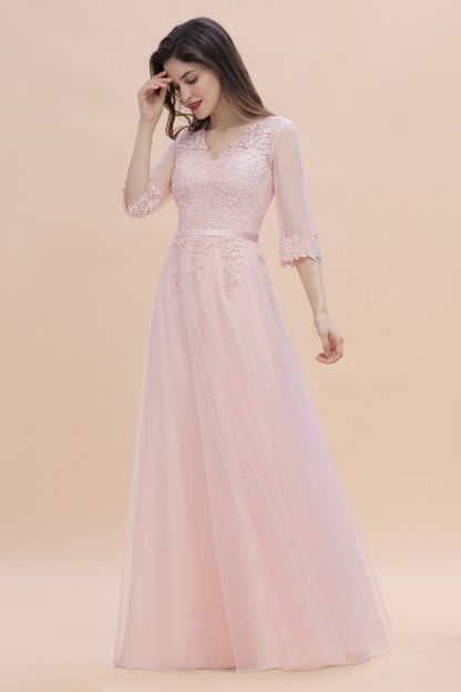 Romantic 3/4 Sleeves Pink Wedding Guest Dress Lace Appliques