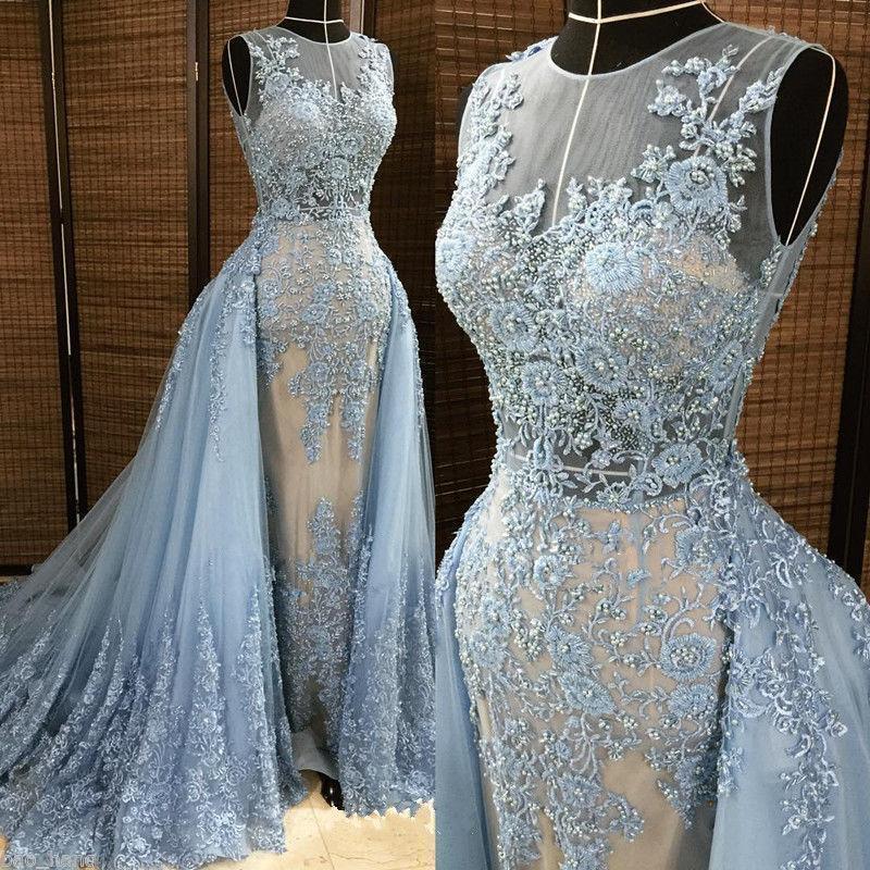 Gorgeous Column Sleleveless Long Evening Dresses | Lace Appliques Beading Sexy Prom Dress with Overskirt-Babyonlinewholesale