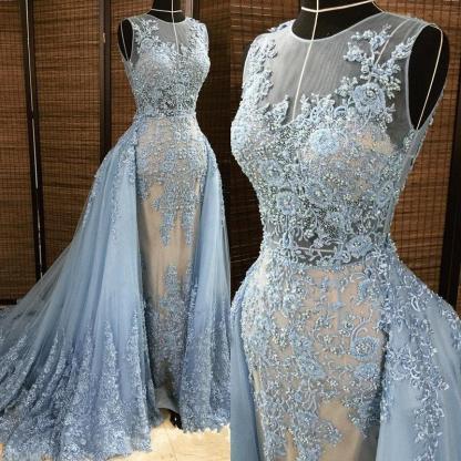 Gorgeous Column Sleleveless Long Evening Dresses | Lace Appliques Beading Sexy Prom Dress with Overskirt-Babyonlinewholesale